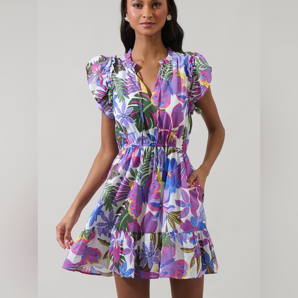 NWT Sugarlips Evren Tropics Sardy Mini  100%Cotton dress 
COLOR: BLUE-PINK